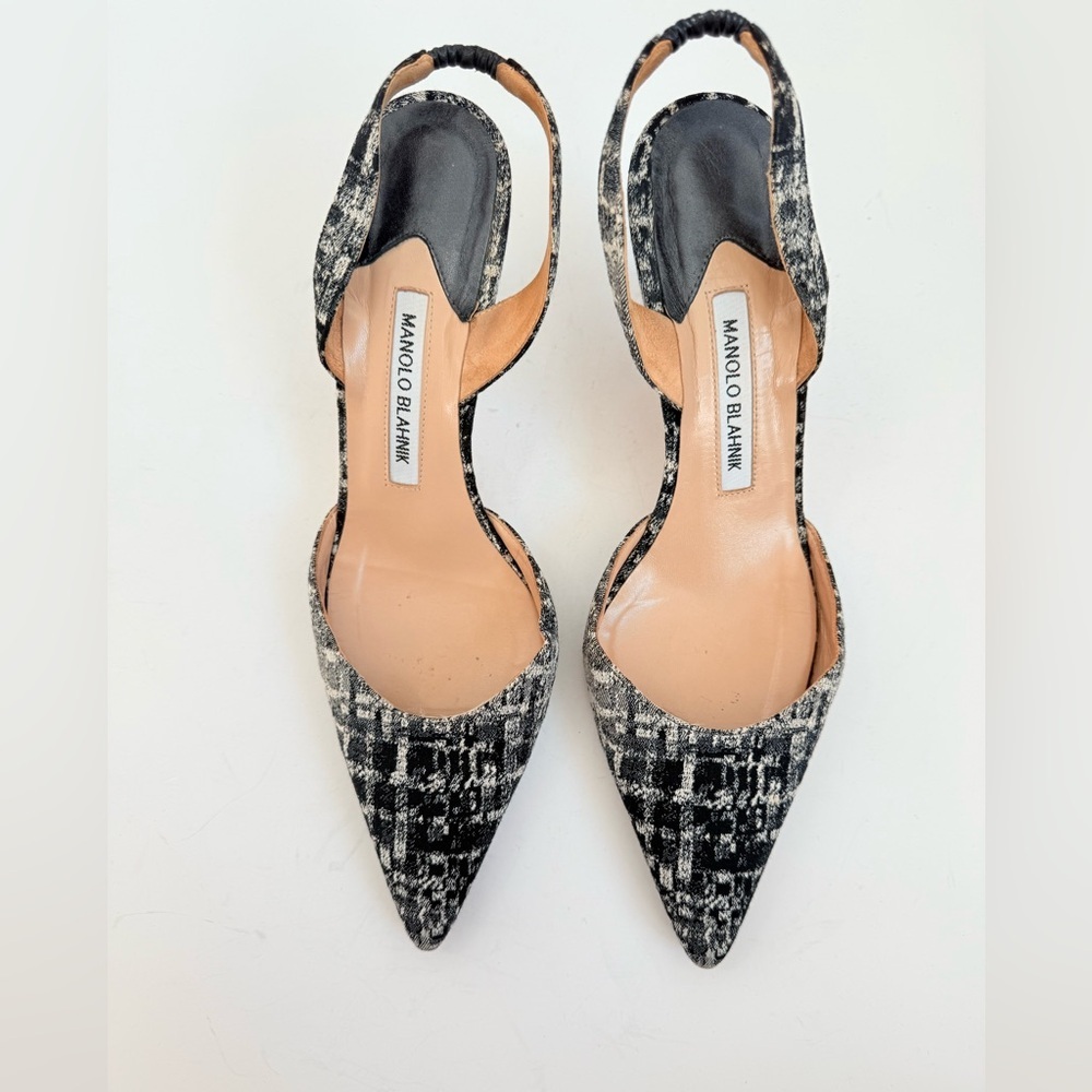 Manolo Blahnik Black beige Plaid 70mm Carolyne slingback pumps EU 39 - Picture 2 of 9